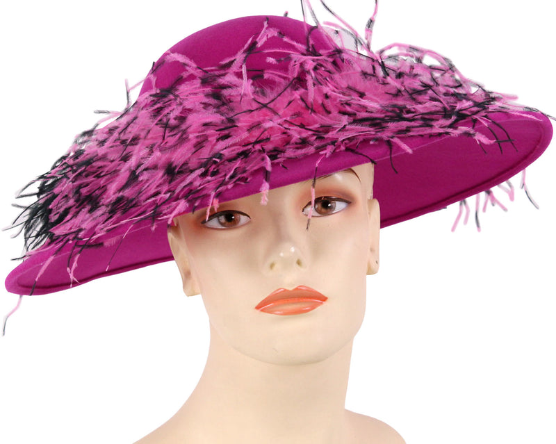 Women's Simple Fuchsia Felt Church Hats with mixed color Ostrich Feather around Crown 