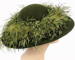 Women's Simple Olive Green Felt Church Hats with mixed color Ostrich Feather around Crown 